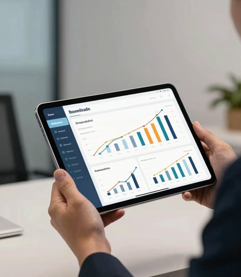 A close-up shot in a modern North American executive office showing a hand holding a high-end digital tablet displaying a sleek financial pitch deck. The lighting is crisp and professional, highlighting the sophisticated atmosphere with soft muted blue and off-white accents in the background.