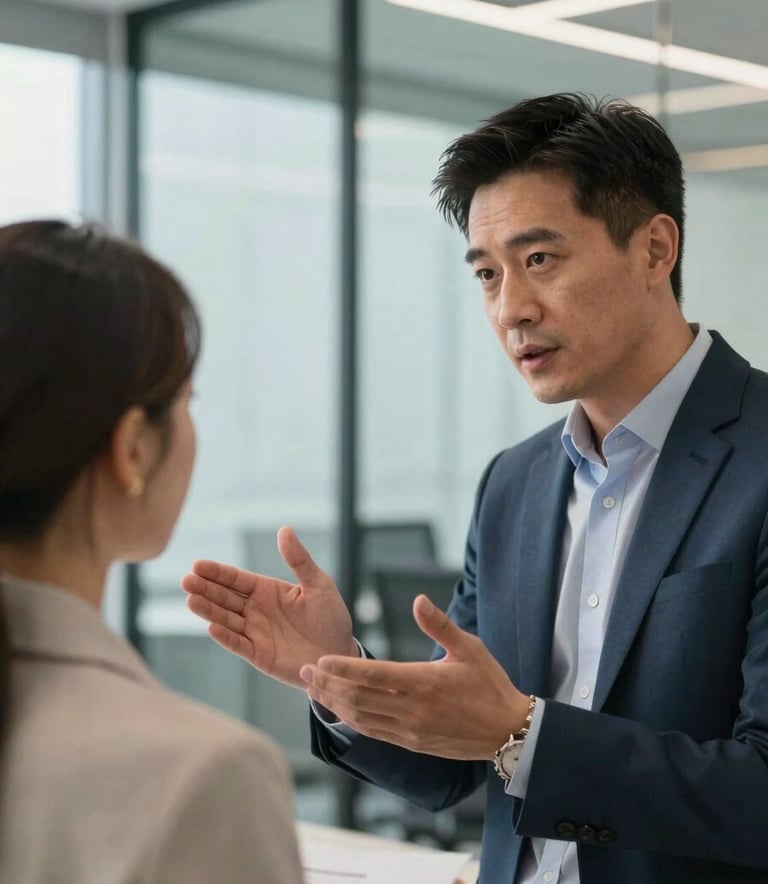 A close-up, high-end photograph of a professional mentor providing strategic advice to a young entrepreneur in a sleek, glass-walled North American office. The lighting is bright and natural, highlighting a sophisticated atmosphere with muted blue and off-white accents.