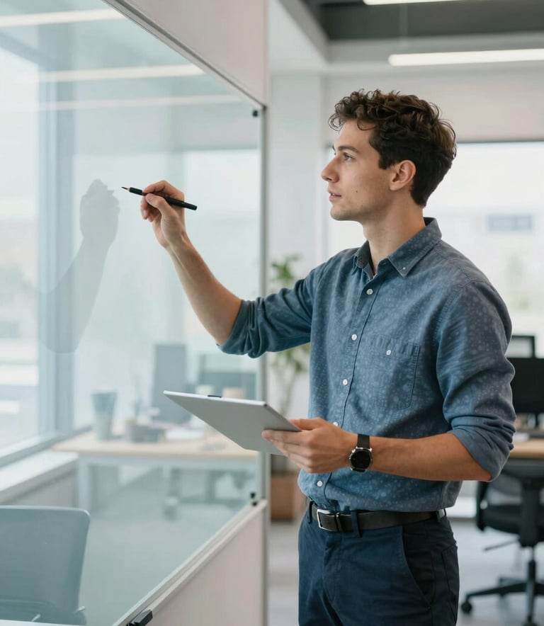 A bright, modern North American workspace where a young entrepreneur is presenting a concept on a glass whiteboard. The scene is filled with natural light, featuring a clean aesthetic with light blue and soft grey tones to inspire professional confidence.
