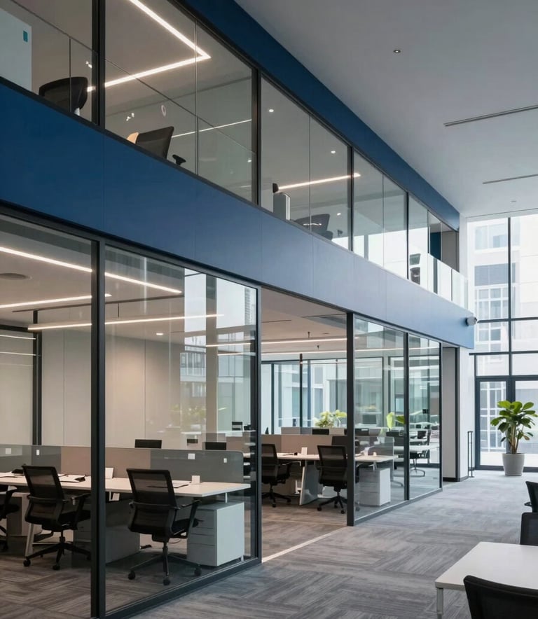 A wide-angle photography shot of a modern, sophisticated startup hub in a US city. The scene features clean lines, glass partitions, and a professional workspace palette of dark blue and light blue. Soft, natural lighting creates an empowering mood.