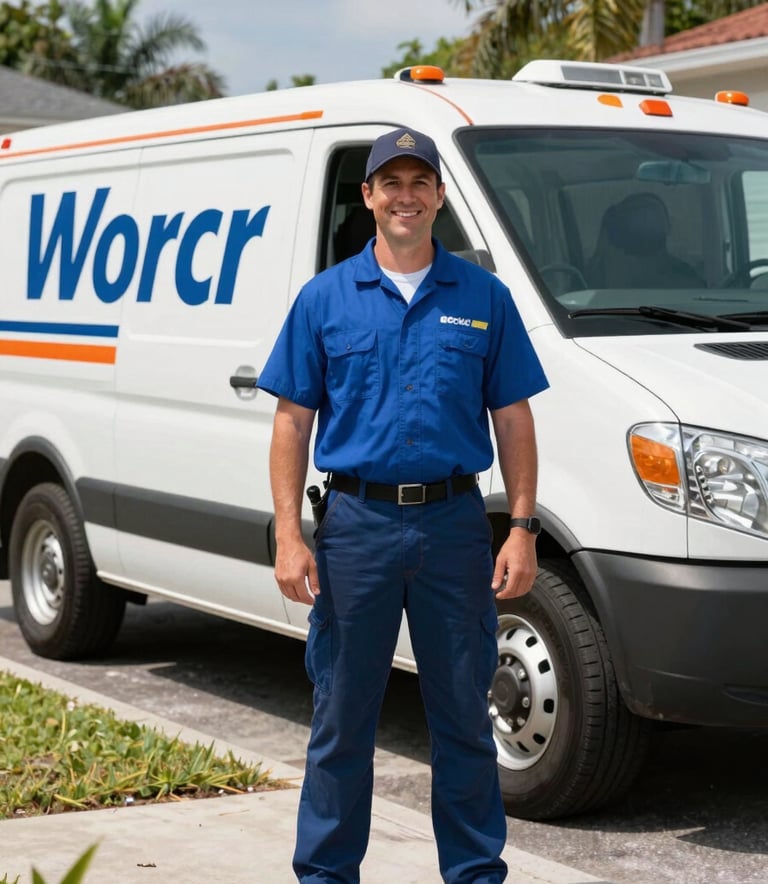 Portrait of a friendly HVAC technician in professional attire standing in front of a branded service vehicle, sunny day in a North American / US - Miami, Florida neighborhood.