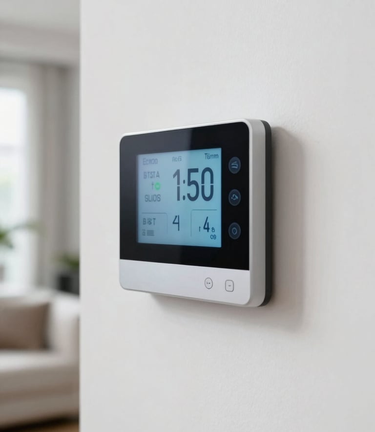 A close-up shot of a modern digital smart thermostat on a clean white wall in a bright Miami home, displaying a cool temperature setting.