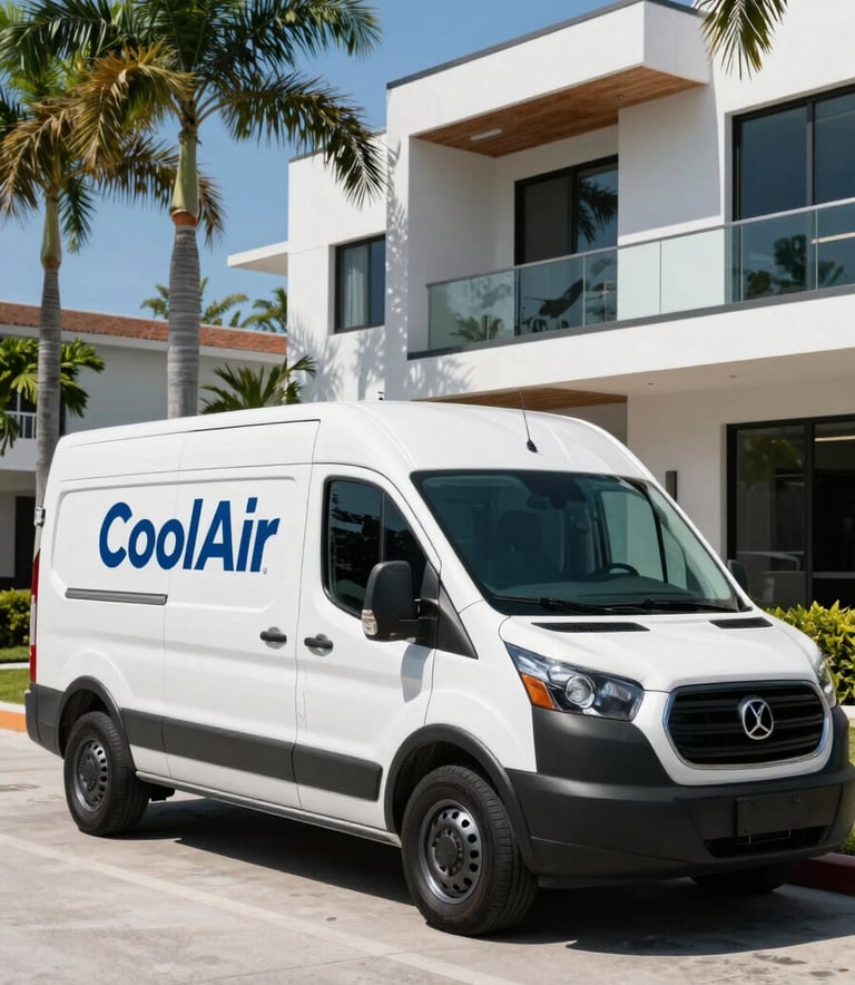 A clean, professional CoolAir Climate Services branded van parked in front of a contemporary Miami residence with palm trees in the background, bright sunny day, high-quality photography.