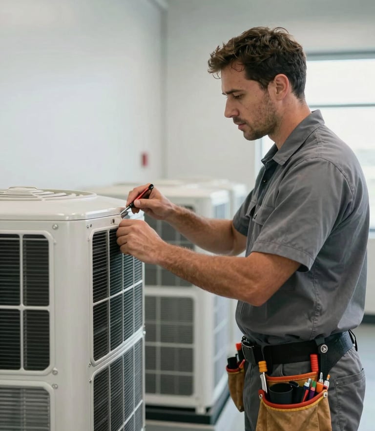 A professional HVAC technician in a cool gray uniform with a tool belt, inspecting an air handling unit in a bright, modern North American / US - Miami, Florida utility room.