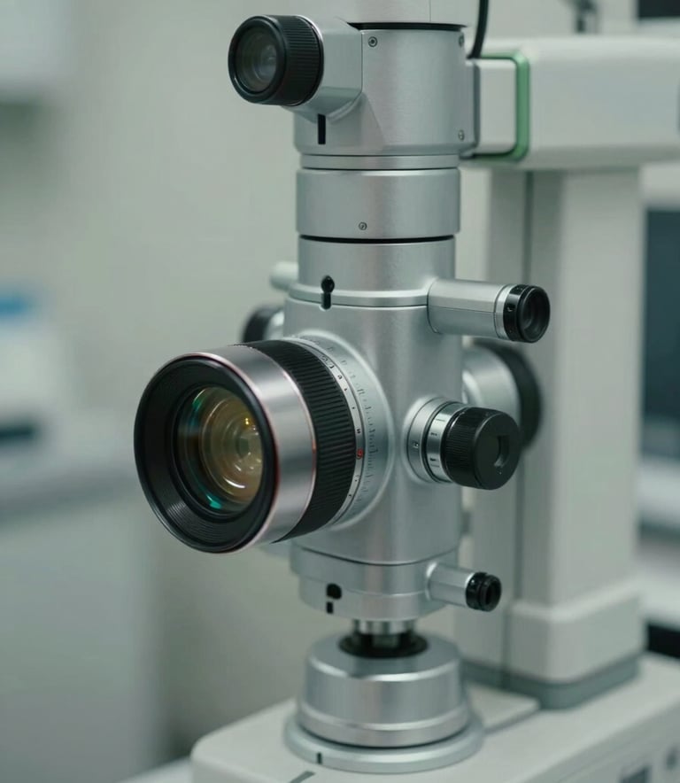 A macro photograph of an advanced ophthalmology device in a clean clinical setting, reflecting precision and high technology. The colors are dominated by soft silver-grey and white with subtle sage accents.