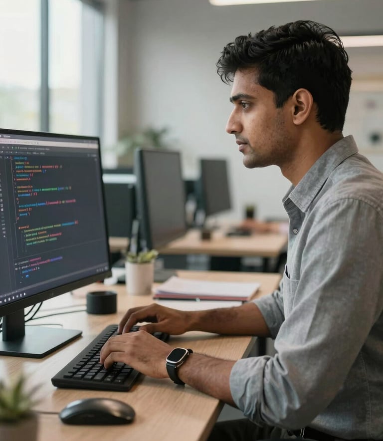 A South Asian software engineer working intently in a modern office, typing on a keyboard with code visible on the screen, morning light highlighting a professional and efficient atmosphere.