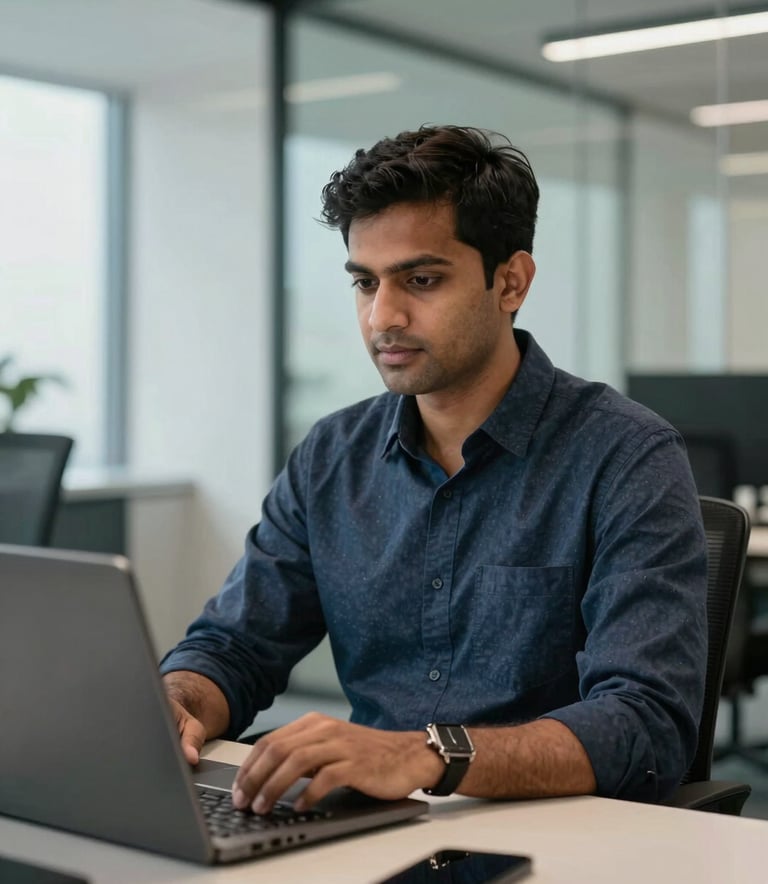 A professional South Asian / Indian software engineer participating in a crisp video conference from a modern office in Ahmedabad. The lighting is sharp and efficient, showing a background with glass walls and off-white and grey-blue accents.