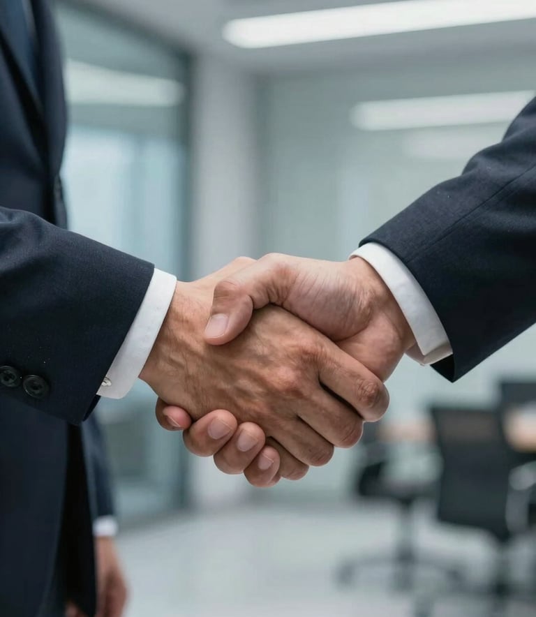 A close-up photograph of a firm handshake between two business professionals in tailored suits, set against a blurred modern office background with soft steel blue lighting in Ahmedabad. Professional reliability mood.