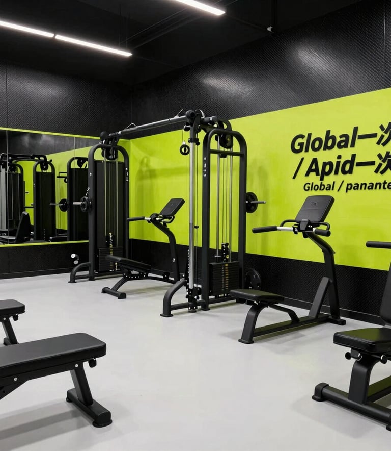 A sophisticated fitness studio featuring Carbon Black walls and Smoke White flooring. Professional training equipment neatly arranged, bright Energetic Lime accents on the wall, Global / Spanish-speaking.