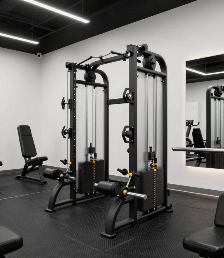 Interior of a modern, sleek gym with high-end equipment, Smoke White walls and Carbon Black flooring, clean composition, professional athletic vibe, Global / Spanish-speaking.