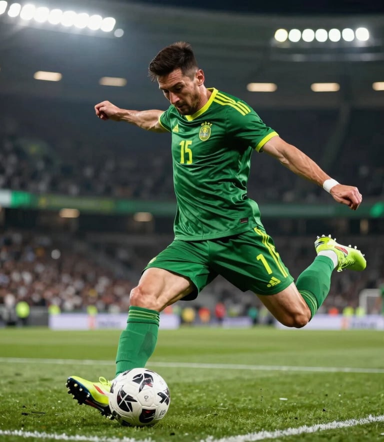A professional football player in a dynamic action pose, kicking a ball under intense stadium lighting, energetic atmosphere, Performance Green and Energetic Lime details in the sports gear, Global / Spanish-speaking setting, high-performance athletic photography style.