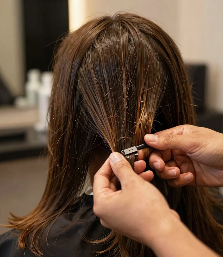 Close-up of a stylist's hands performing a hair treatment in a luxury South American / Brazilian salon, focused lighting on the hair texture.