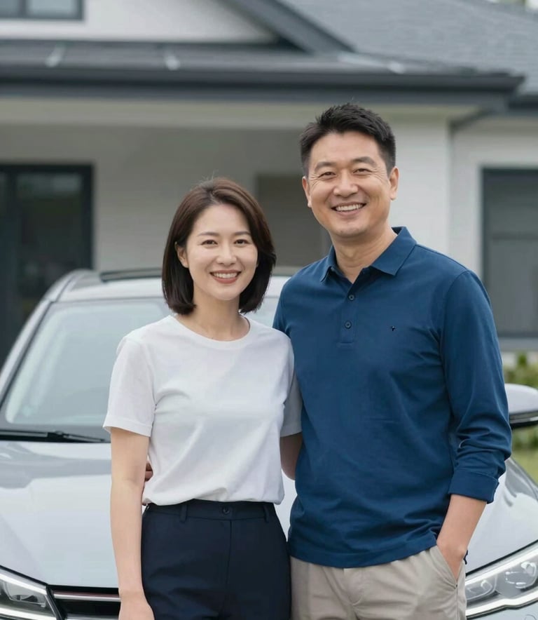 A happy couple standing in front of their new car and home, smiling warmly. The style is modern and clean with soft lighting, emphasizing financial well-being and security. The color palette includes soft grays (#F3F4F6) and deep blues (#1E3A8A).