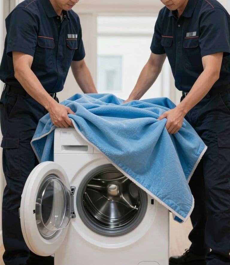 A close-up photograph of professional movers in dark navy uniforms carefully wrapping a modern washing machine in protective soft blue moving blankets. The setting is a bright, clean Northern European apartment hallway.