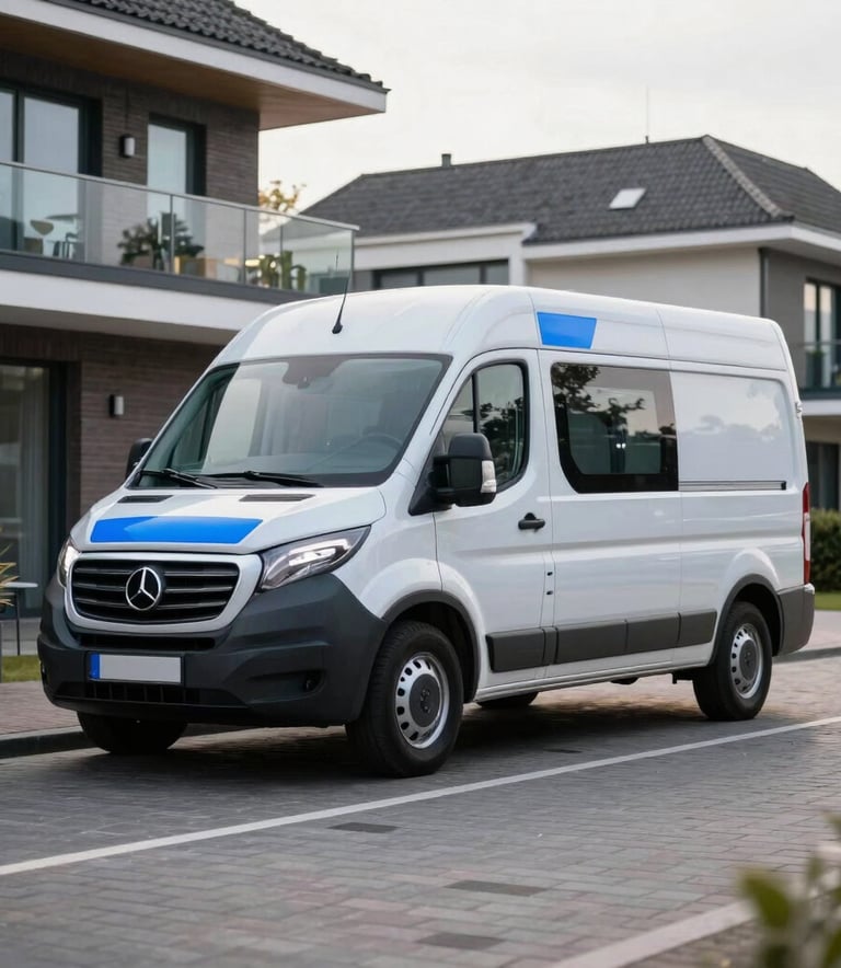 A professional moving van with blue accents parked on a sleek, modern paved Dutch street with residential architecture in the background.