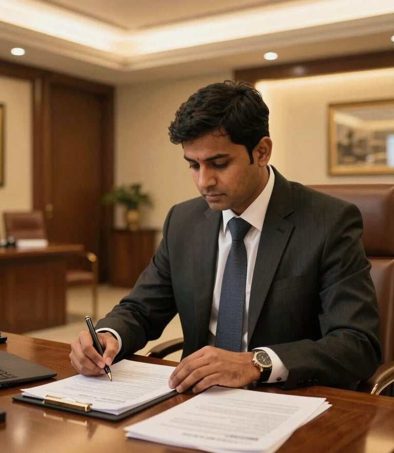 A focused professional in formal attire working on legal documents in a luxury office in Bandra West, Mumbai. The setting features warm golden lighting and mahogany furniture, conveying a South Asian premium business environment.