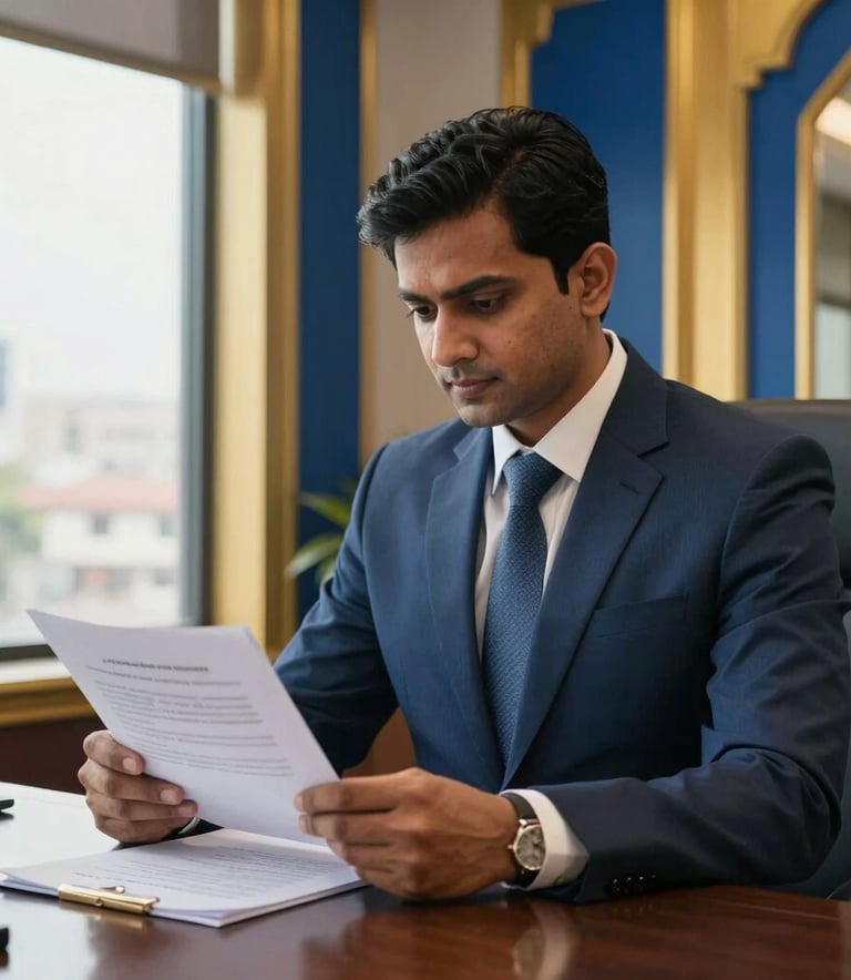 A professional South Asian male in a sharp business suit, reflecting the expertise of owner Sultan, reviewing legal papers in a luxurious Mumbai office with gold and royal blue decor elements and a view of Bandra West through the window.