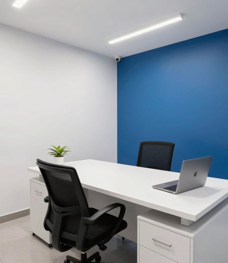 A crisp, professional photograph of a contemporary consultation office in Mumbai, featuring clean lines, white and royal blue walls, and a welcoming, trustworthy atmosphere.