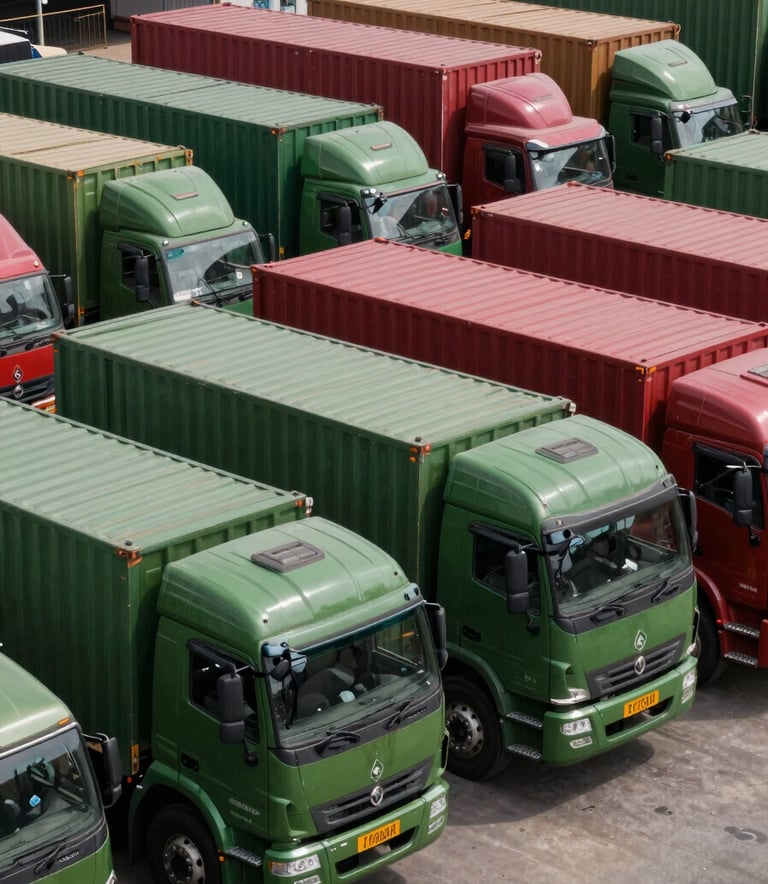 A fleet of clean logistics trucks parked in a well-organized Bangladeshi industrial yard, with Matte Forest Green and Deep Ripe Crimson accents visible on the cargo units.