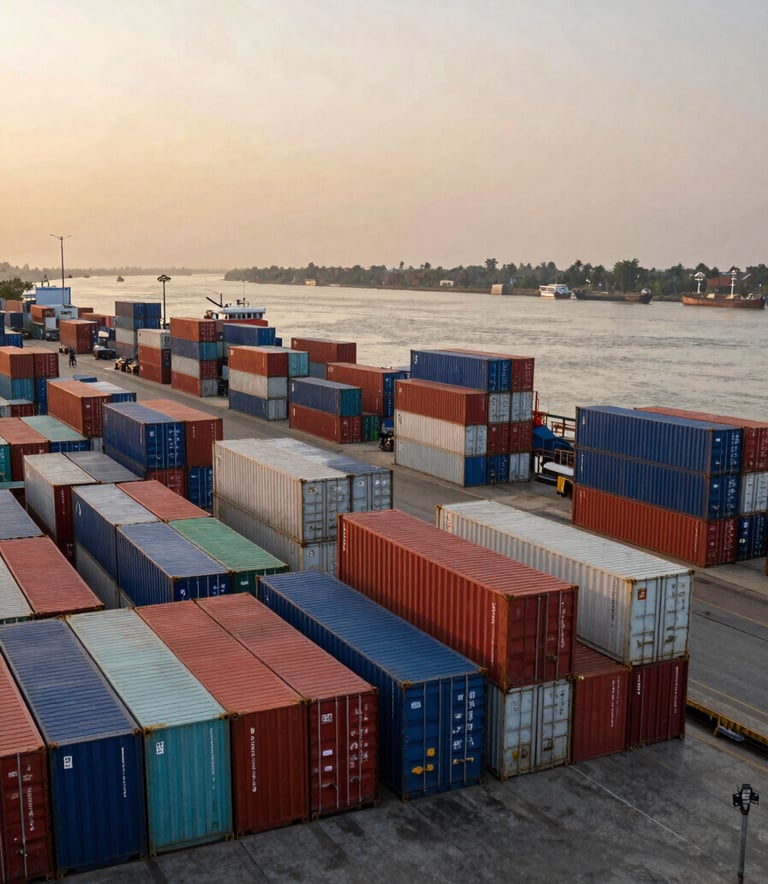 A wide-angle professional photograph of a bustling river port in Bangladesh, featuring organized shipping containers under a soft, golden sunset light, conveying efficient logistics.