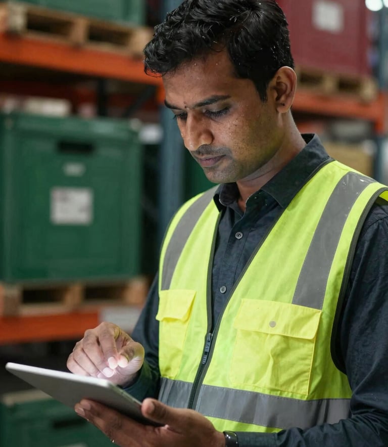 A close-up photograph of a professional logistics coordinator in South Asian attire and a safety vest reviewing transport documents on a digital tablet within a modern, well-lit Bangladeshi warehouse. The lighting is soft and professional, highlighting a sophisticated atmosphere with hints of Matte Forest Green and Deep Ripe Crimson in the background equipment.