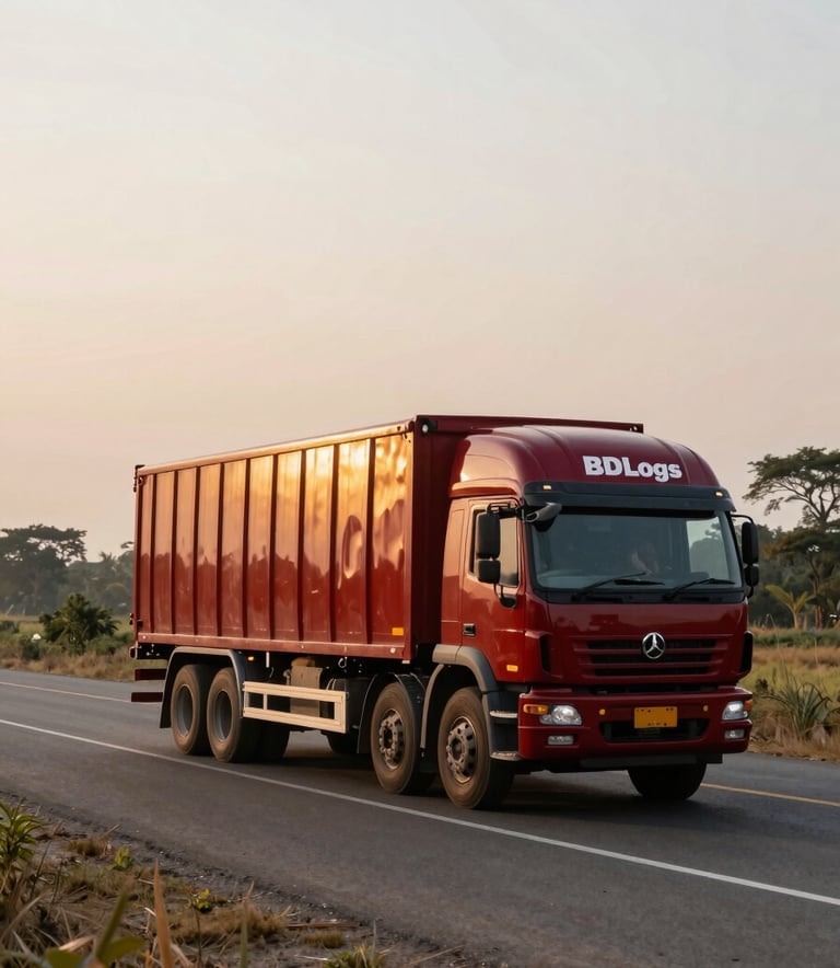 A professional wide-angle photograph of a BDLogs cargo transport truck driving along a scenic highway through the South Asian / Bangladeshi countryside. The truck features Deep Ripe Crimson accents. The lighting is warm golden hour, reflecting a reliable and grounded tone.