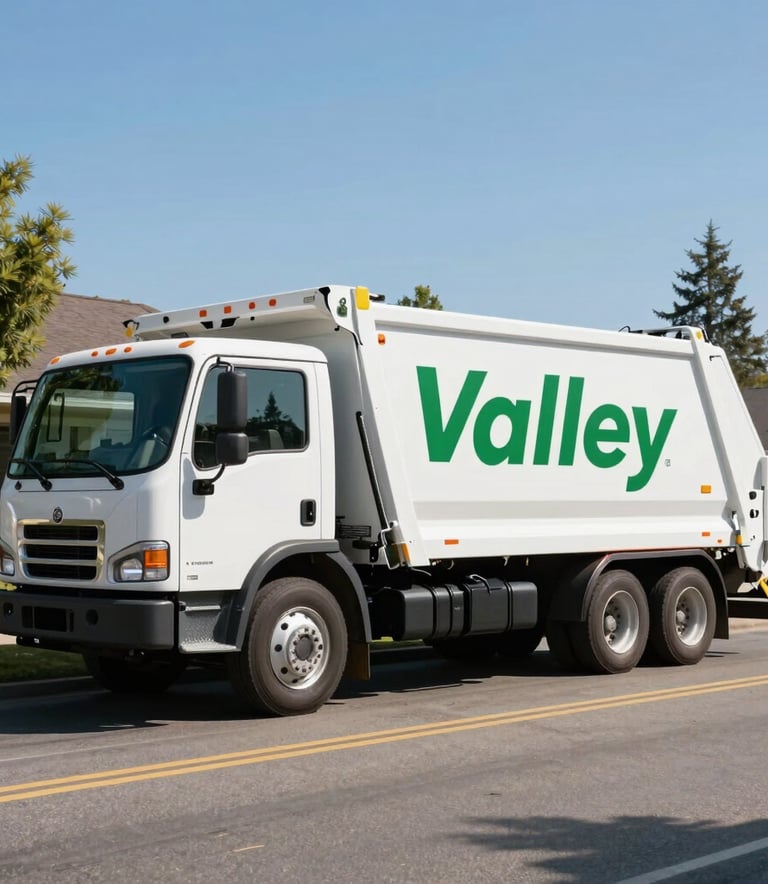 A clean, modern white junk removal truck with forest green and bright green lettering parked on a suburban street in Spokane Valley, North American / US, clear bright morning light, professional photography.