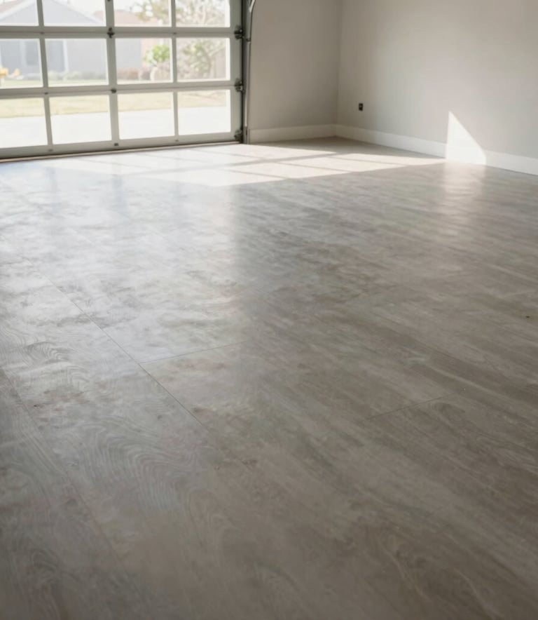 A wide shot of a perfectly clean and swept garage floor in a North American home after all junk has been removed. Soft morning light coming through the garage door, high-contrast, clean lines.