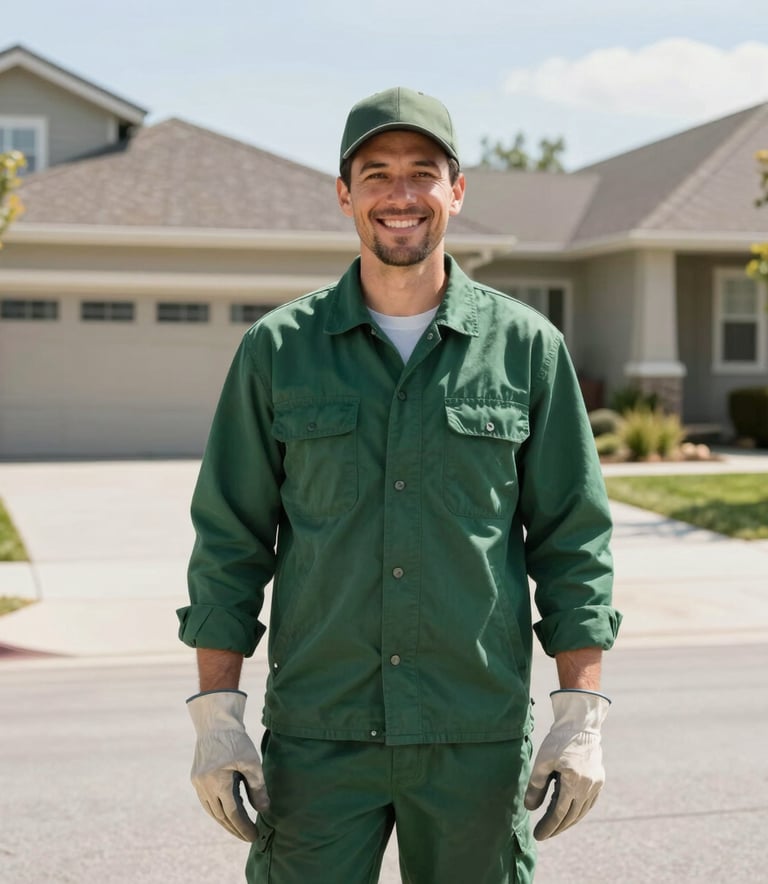 A professional junk removal specialist in a green uniform and work gloves, smiling warmly at the camera while standing in a clean North American driveway in Spokane Valley. Bright, natural daylight, modern suburban setting.