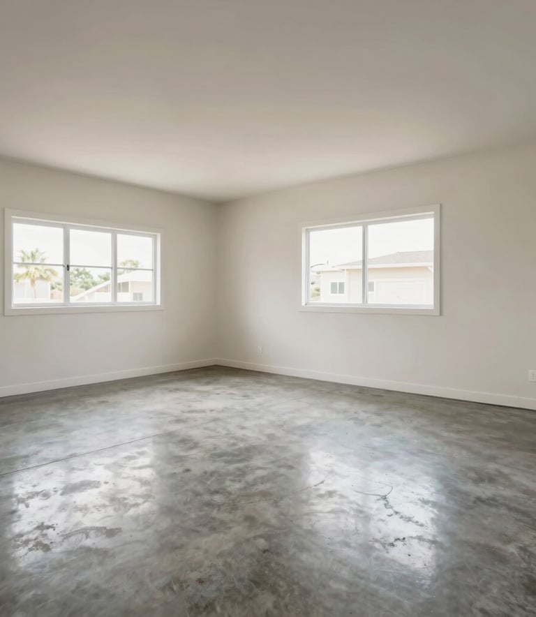 A wide-angle interior shot of a completely empty and clean two-car garage with a polished concrete floor, off-white walls, and bright, airy atmosphere in a North American / US home, professional real estate photography.