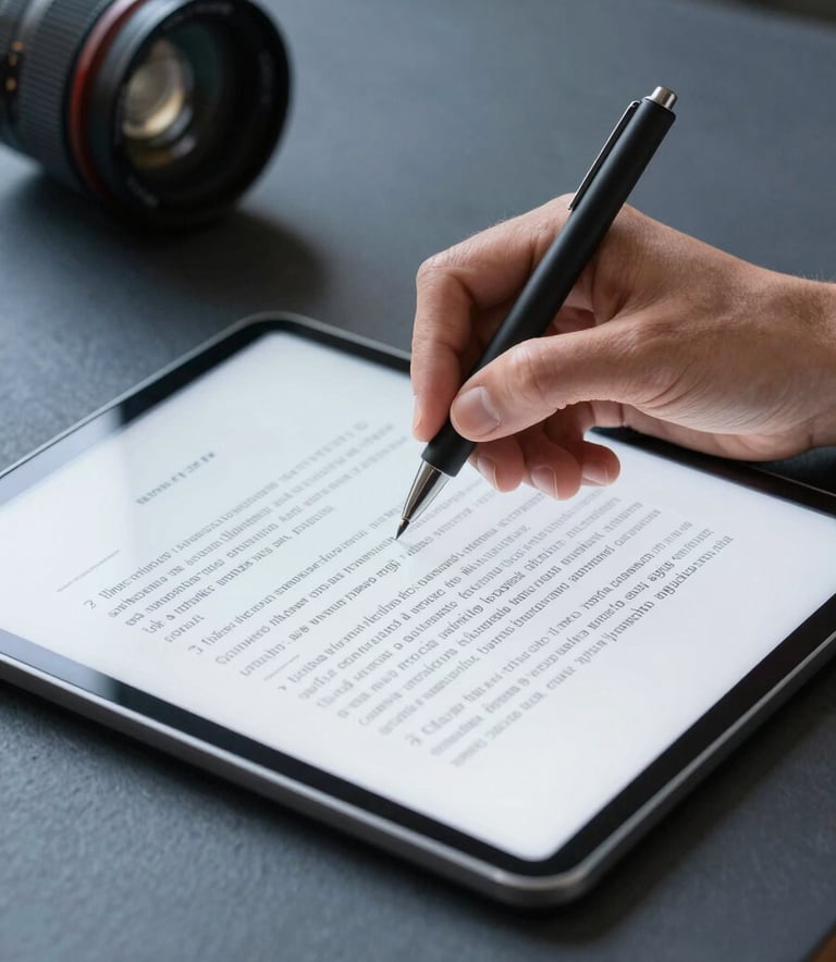 Close-up of a South American / Brazilian hand using a digital pen to sign a contract on a tablet, modern minimalist desk, professional lighting with slate blue tones.
