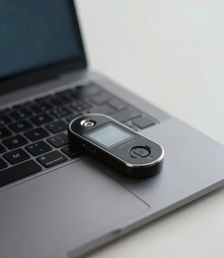 Close-up of a high-tech security token or digital interface on a laptop screen in a clean South American / Brazilian office setting, slate blue-grey and soft off-white lighting, minimal and professional composition.