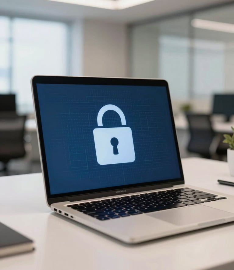 A sleek digital workplace in a South American / Brazilian corporate building, showing a laptop screen with a secure encryption symbol, lighting in air force blue and soft off-white tones, professional atmosphere.