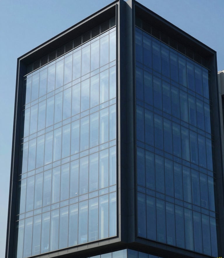 A crisp architectural photograph of a modern corporate headquarters in Pakistan. The building features large glass panels reflecting a clear blue sky, with structural accents in dark navy blue. Clean, minimalist composition.