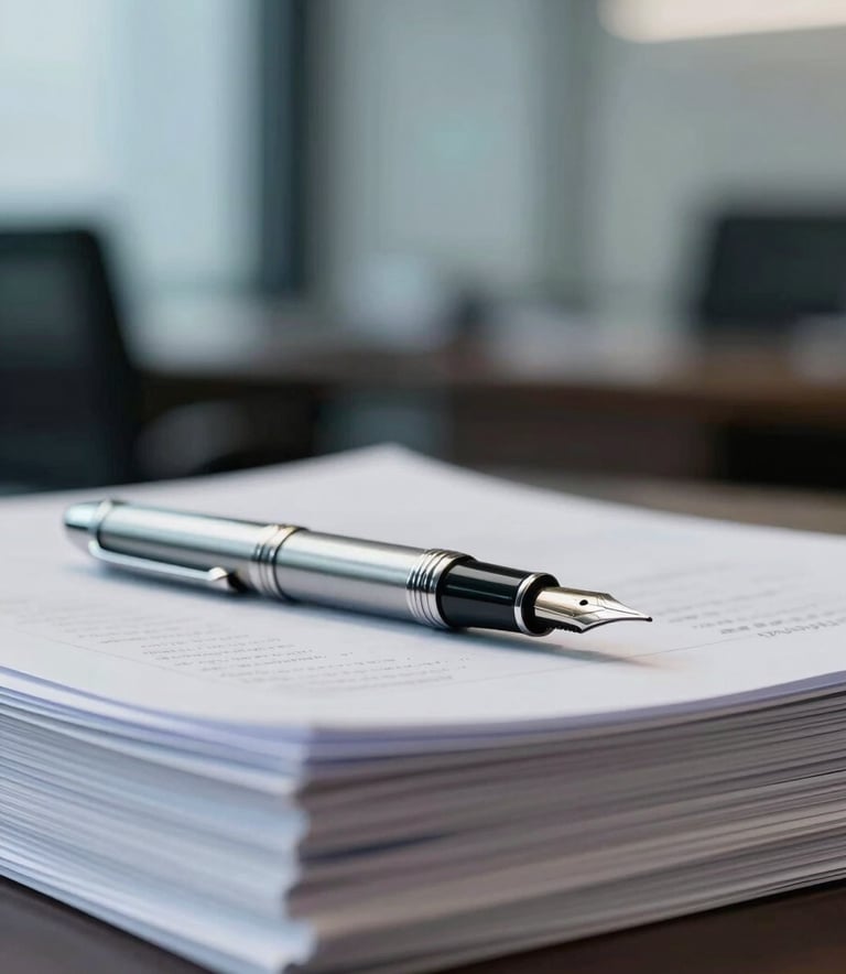 A professional close-up photograph of a silver fountain pen resting on a stack of thick, textured white corporate documents. The background is a soft-focus office interior in steel blue and muted blue-grey tones.