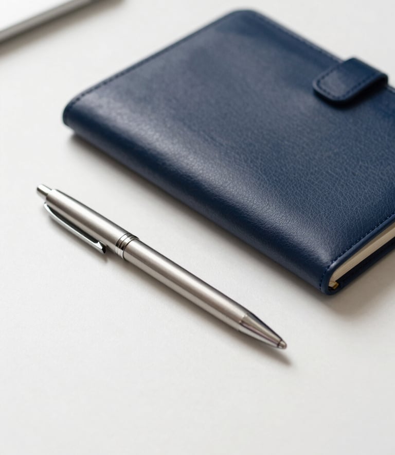 A focused, professional photograph of a corporate workspace with a clean desk, a silver pen, and a leather-bound portfolio, utilizing a palette of dark navy blue and soft off-white.