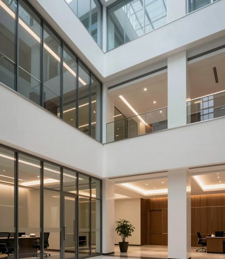 A high-end, modern architectural interior of a corporate office in Pakistan, showing clean lines, glass partitions, and a sophisticated atmosphere with steel blue and soft off-white tones.