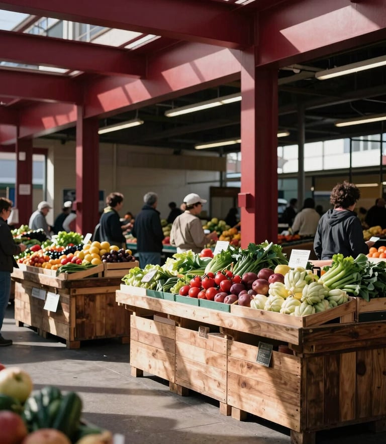 A photography of a bustling modern food market in the US. Stalls filled with fresh produce under natural sunlight with deep crimson architectural accents and wooden crates.