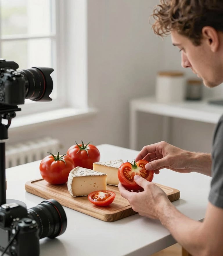 A clean, bright North American agency studio where a professional photographer is arranging fresh heirloom tomatoes and artisanal cheese on a wooden board for a social media shoot. Soft natural light, high-end camera equipment visible.
