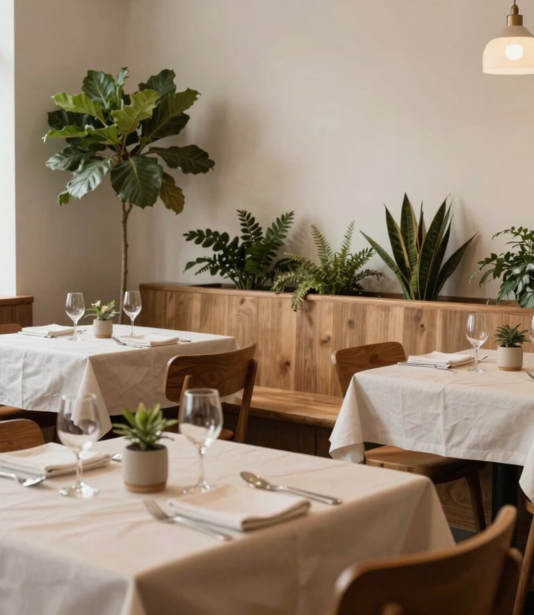 Photography of a cozy, Scandinavian-inspired North American restaurant interior with warm wooden tables, crisp parchment table linens, and minimalist forest green plants.