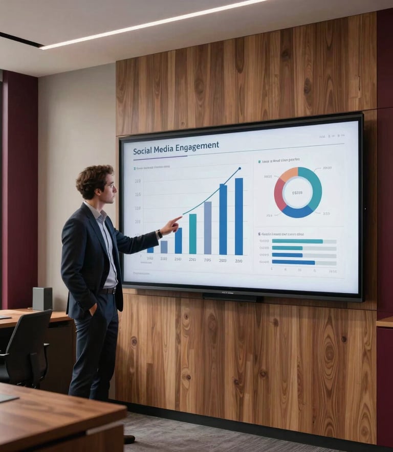 A modern, sophisticated office in the US where a professional strategist is reviewing social media engagement metrics on a large screen. The atmosphere is professional and creative, with warm wood textures, crisp parchment walls, and deep ripe crimson office accents.