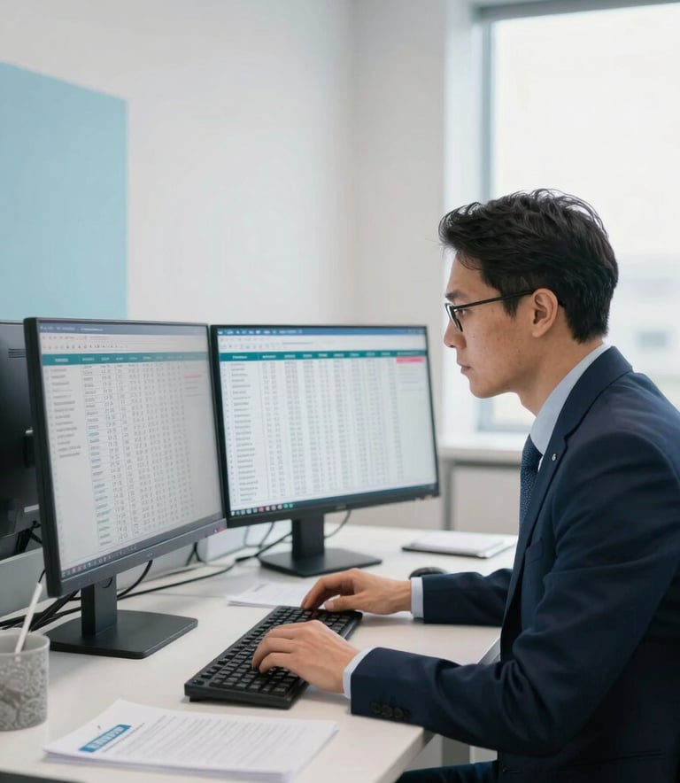 Photography of a modern, bright office in North American / US, where a professional in business attire reviews pharmacy data on a dual-monitor setup. The lighting is natural and sophisticated, with subtle accents of navy blue and pale blue in the clean, minimalist decor.