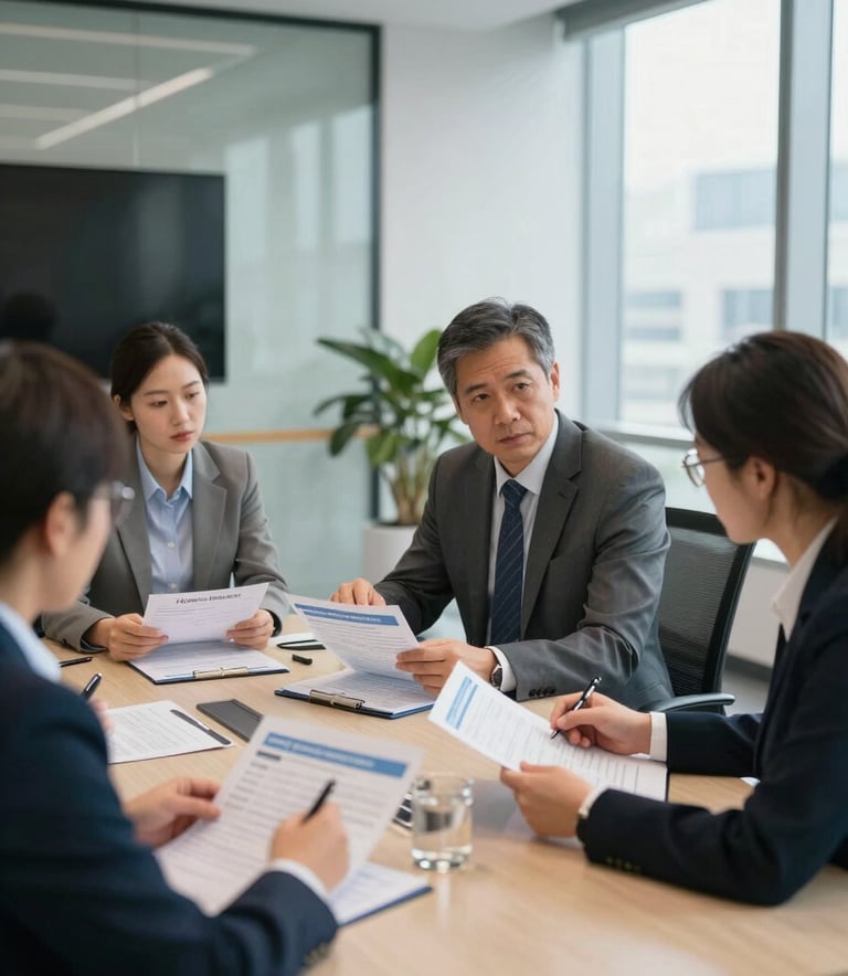 A modern, bright conference room in a US corporate building where a professional team is reviewing pharmacy benefit data, emphasizing transparency and efficiency.