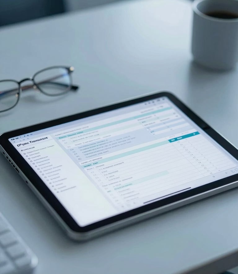 Close-up of a digital tablet showing clean data visualizations and audit reports in a professional North American pharmaceutical office, minimalist design with soft blue lighting.