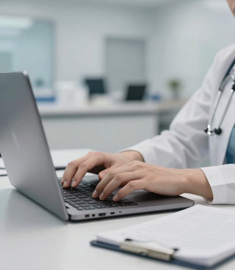 A close-up photograph of a professional workspace in North American / US. A pair of hands is typing on a sleek laptop next to a notepad on a clean white desk. The background shows a blurred, high-end medical or corporate facility with a soft gray-white and light blue color palette, emphasizing a clean and clinical aesthetic.