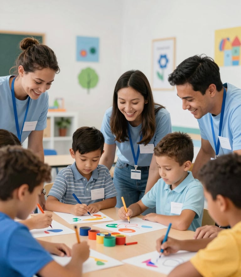 A group of diverse, smiling parent volunteers helping young elementary school children with a creative art project in a bright, modern classroom. The volunteers are wearing badges. The color palette includes #5F9EA0 and #F0F8FF accents in the classroom supplies and wall art.