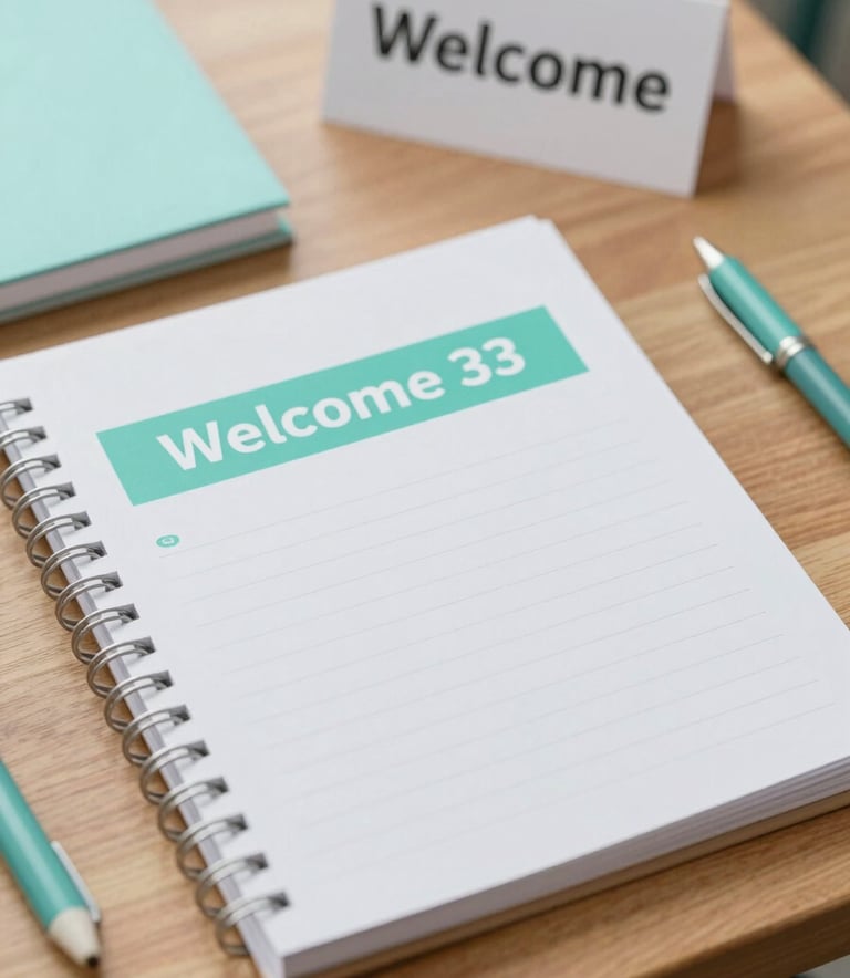 A top-down view of a wooden table with school supplies, a planner, and a 'Welcome' card. The lighting is bright and airy, reflecting an organized and professional PTA environment, utilizing a palette of #A2D9CE and #F0F8FF.