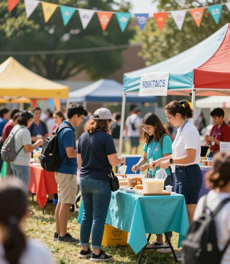 A cheerful outdoor school fundraising carnival with colorful booths. Parents and teachers are working together at a bake sale table. The scene is bright and sunny, featuring subtle hints of #5F9EA0 and #A2D9CE in the decorations and school banners. Professional yet warm atmosphere.