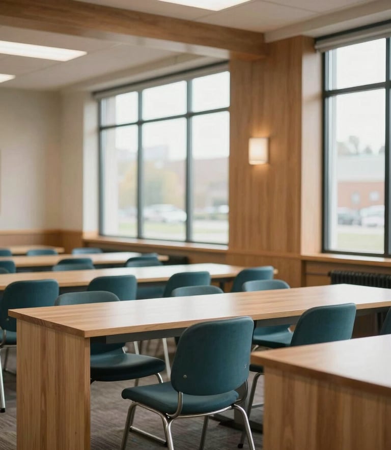 A focused and bright interior of a modern North American community center with warm wood accents and large windows. The scene is captured in soft, natural daylight, featuring a clean and professional workspace with deep teal and sandy beige decorative elements, evoking a sense of calm and purpose.