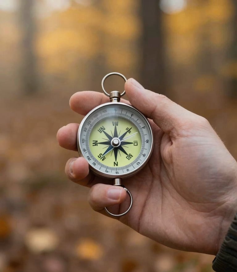 A close-up photograph of a person in the North American outdoors holding a classic compass, with soft morning light filtering through autumn leaves in colors of gold and earthy brown.